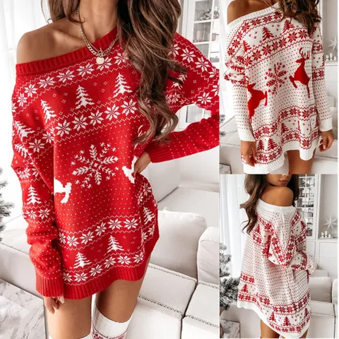 Women Christmas Reindeer Snowflake Jacquard Knitted Sweater Dress Off Shoulder Long Sleeve Loose Fit Retro Holiday Mini Dress
