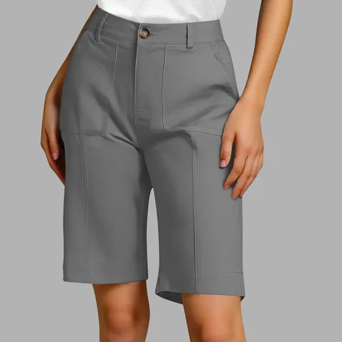Women Casual Cotton Blend Bermuda Shorts High Waist Loose Fit Suit Shorts Patchwork Design Solid Color Summer Bottom With Pockets Zipper