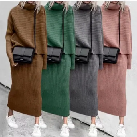 Women High Neck Viscose Fiber Knit Sweater And Skirt Set Solid Color Ribbed Loose Long Sleeve Top And Bottom Autumn Outfit