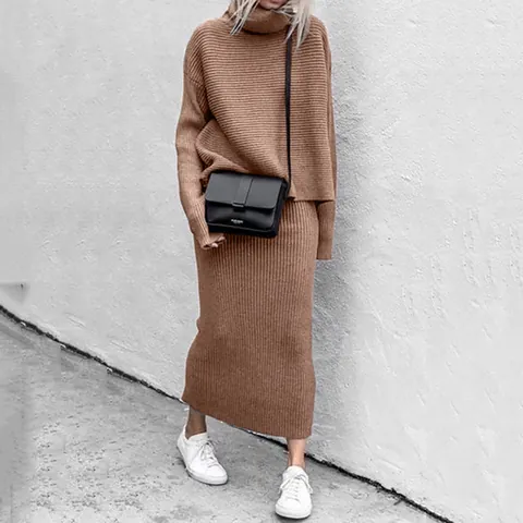 Women High Neck Viscose Fiber Knit Sweater And Skirt Set Solid Color Ribbed Loose Long Sleeve Top And Bottom Autumn Outfit