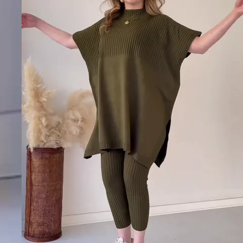 Conjunto de Ropa de Punto Casual para Mujer Top Y Pantalón Acanalado Cuello Redondo Manga Murciélago Suelto Color Sólido Poliéster Otoño Invierno