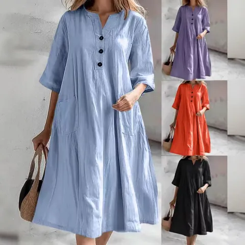 Dames Casual Katoenmix Midi Jurk V Hals Halflange Mouw Losse A Lijn Jurk Met Zakken Knopen Effen Tuniek Jurk