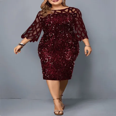 Women's Round Neck Sequin Mesh Patchwork Slim Fit Party Dress Three-Quarter Sleeve Mid-Length Bodycon Banquet Evening Gown