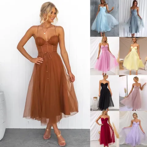 Women Sexy Spaghetti Strap Mesh Tulle Dress Slim Fit Corset Bodycon Evening Party Midi Dress Elegant Princess Tulle Prom Gown
