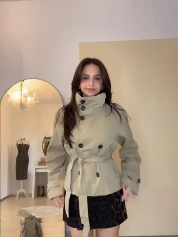 Women Casual Double Breasted Short Trench Coat With Waist Tie Lapel Long Sleeve Polyester Outerwear Fashion Jacket Top For Women