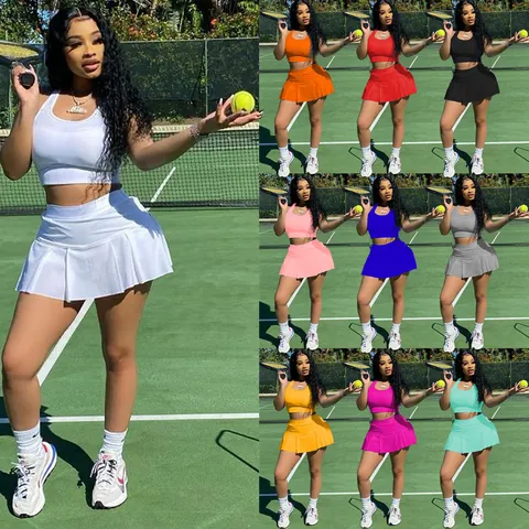 Ensemble Sportif Coupe Slim Femme Couleur Unie Crop Top Et Jupe-Culotte Plissée Pour Tennis Fitness Gym Vêtement Été