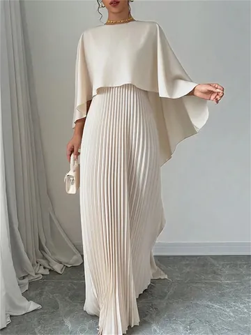 Women Elegant Polyester Skirt Set Top And Bottom Pleated Irregular Batwing Sleeve Pullover Two-Piece Outfit For Party Wedding