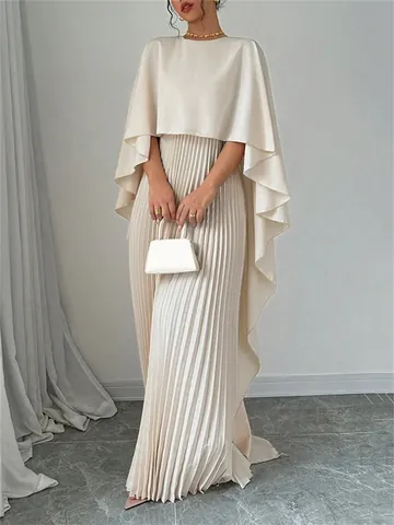Women Elegant Polyester Skirt Set Top And Bottom Pleated Irregular Batwing Sleeve Pullover Two-Piece Outfit For Party Wedding