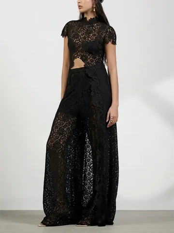 Elegant Women Floral Lace Top And Bottom Hollow Out Round Neck Fashion Slit Wide Leg Trousers For Party Vacation