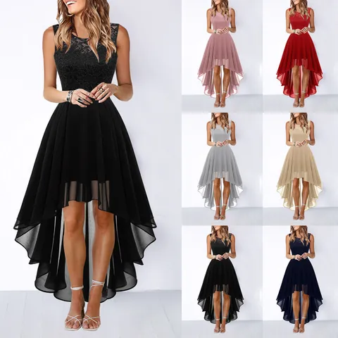 Women Elegant Sleeveless Hollow Out Lace Chiffon High-Low Midi Dress Slim Fit Evening Party Banquet Gown For Ladies