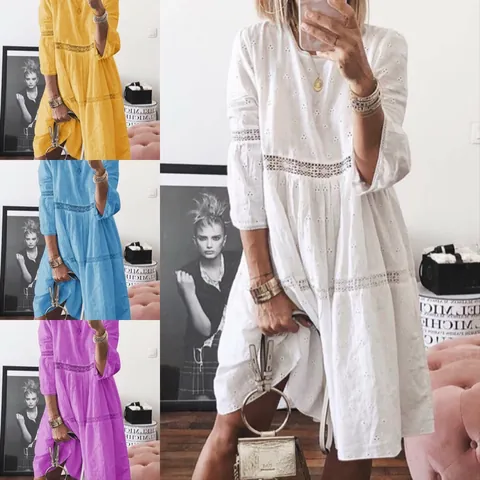 Women Cotton Linen Lace Patchwork Hollow Out Embroidered Dress Bohemian Loose Three Quarter Sleeve A-line Midi Dress Vacation Casual Dress
