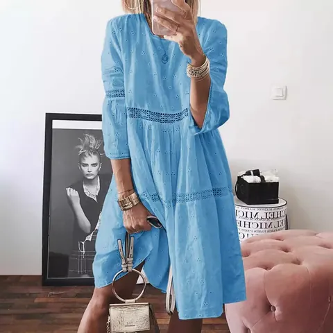 Women Cotton Linen Lace Patchwork Hollow Out Embroidered Dress Bohemian Loose Three Quarter Sleeve A-line Midi Dress Vacation Casual Dress