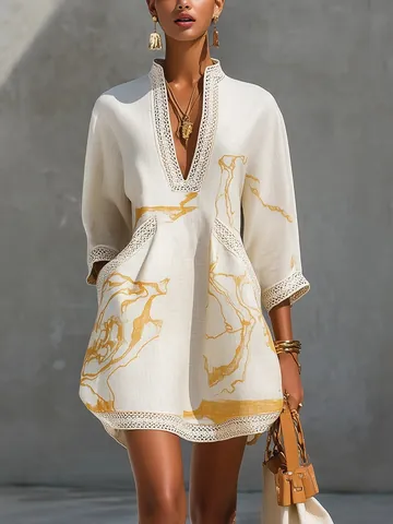 Women V Neck Lace Trim Three-Quarter Sleeve Abstract Gold Line Printed Mini Dress Loose Vacation Style Polyester Dress