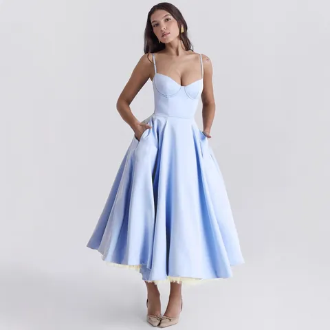 French Vintage Elegant Spaghetti Strap Midi Dress Double Layer Mesh Tulle A-Line Party Prom Evening Dress Princess Bustier Gown