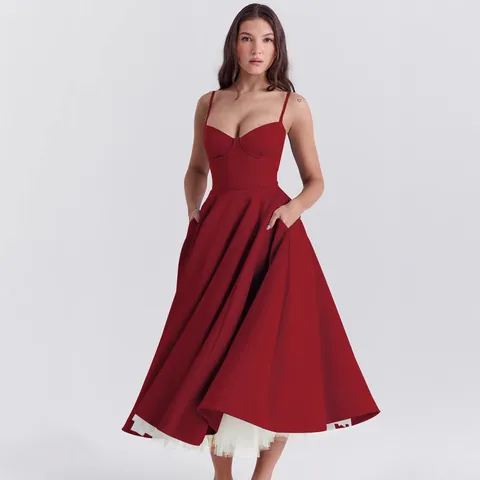French Vintage Elegant Spaghetti Strap Midi Dress Double Layer Mesh Tulle A-Line Party Prom Evening Dress Princess Bustier Gown