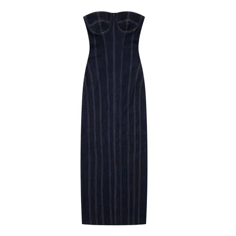Women Slim Fit Off-Shoulder Denim Midi Dress Contrast Stitching Rear Slit Bodycon Polyester Pullover Dress Streetwear