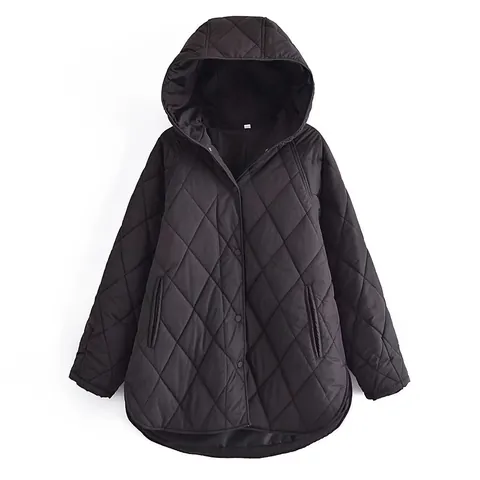 Women Elegant Hooded Diamond Quilted Padded Jacket Loose Casual Mid-Length Polyester Spandex Coat Autumn Winter Warm Outerwear