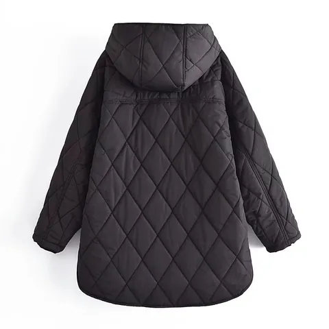 Women Elegant Hooded Diamond Quilted Padded Jacket Loose Casual Mid-Length Polyester Spandex Coat Autumn Winter Warm Outerwear