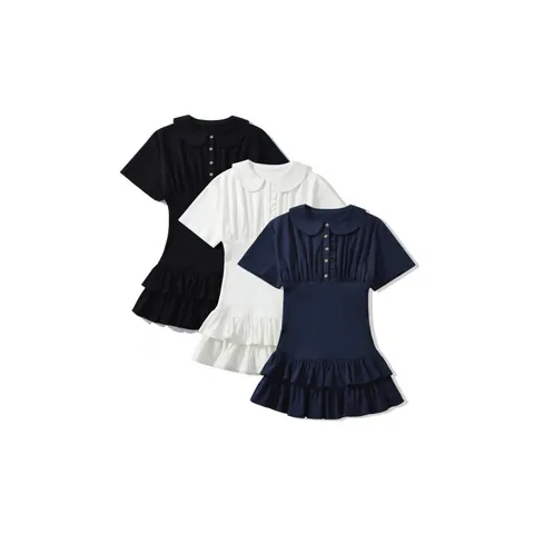 Women Casual Peter Pan Collar Mini Dress With Ruffles Short Drop Shoulder Sleeve Solid Color Patchwork Dress For Daily Wear