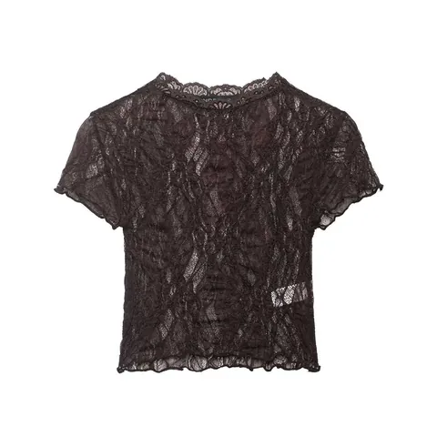 Women's Vintage Flocked Lace Short Sleeve T-Shirt Retro Hollow Out Semi-Sheer Slim Fit Mock Neck Top Summer European Style