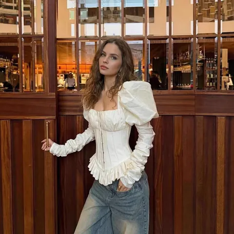 Vintage White Fishbone Corset Blouse For Women Square Neck Backless Lace Up Puff Sleeve Gathered Ruffle Shirt Retro Elegant Top