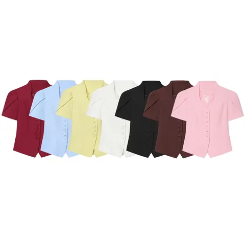 Women Lace Patchwork Short Sleeve Blazer Top V-Neck Single Breasted Slim Fit Puff Sleeve Acrylic Chic Office Lady Jacket
