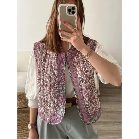 Women Floral Printed Quilted Vest Sleeveless Ethnic Style Padded Waistcoat V-Neck Streetwear Jacket Top