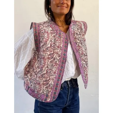 Women Floral Printed Quilted Vest Sleeveless Ethnic Style Padded Waistcoat V-Neck Streetwear Jacket Top