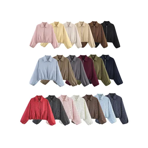 Chaqueta de Moda para Mujer con Solapa y Mangas Abullonadas y Cremallera Casual con Lunares Color Sólido Abrigo Corto Top