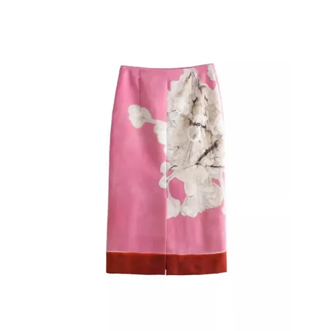 Women Linen Blend Floral Print Midi Skirt Pink Contrast Hem High Waist Casual Straight Skirt Summer Vacation Bottom
