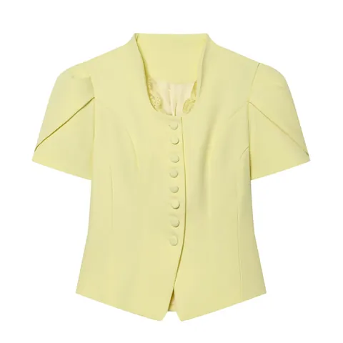 Women Lace Patchwork Short Sleeve Blazer Top V-Neck Single Breasted Slim Fit Puff Sleeve Acrylic Chic Office Lady Jacket