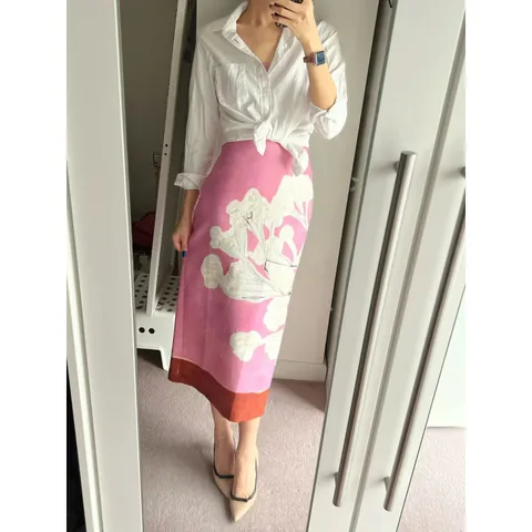Women Linen Blend Floral Print Midi Skirt Pink Contrast Hem High Waist Casual Straight Skirt Summer Vacation Bottom