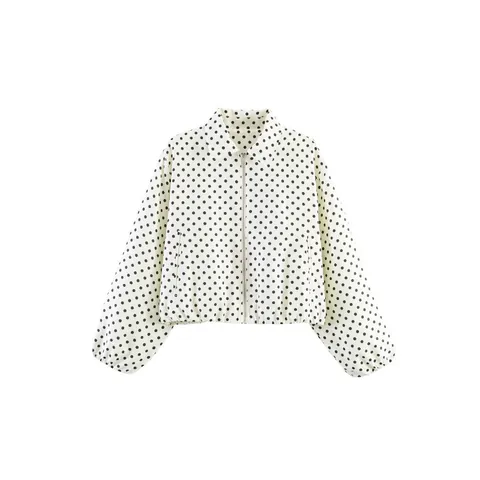 Chaqueta de Moda para Mujer con Solapa y Mangas Abullonadas y Cremallera Casual con Lunares Color Sólido Abrigo Corto Top