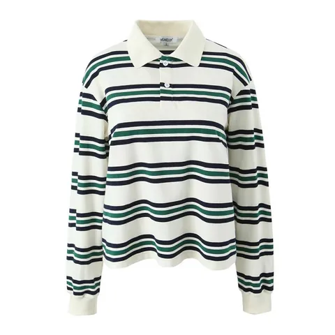 Vintage Striped Polyester Polo Collar Long Sleeve T-Shirt For Women Retro Color Block Patchwork Top Spring Autumn Streetwear