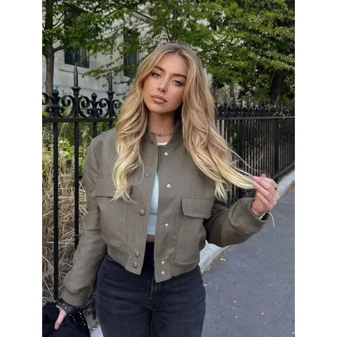 Women Stand Collar Jacket Loose Fit Polyester Outerwear With Large Pockets Button Up Bomber Jacket Casual Streetwear Top