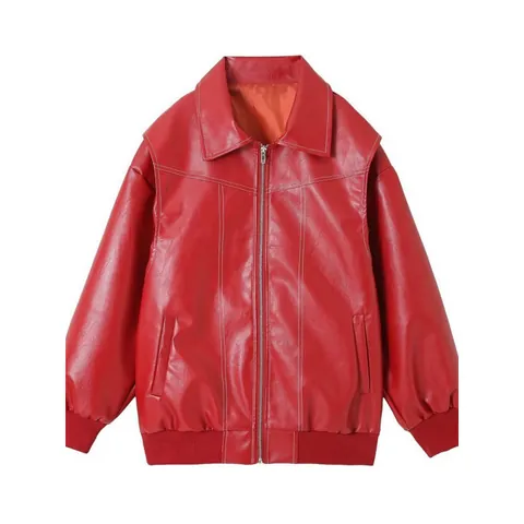 Women's Retro American Style Loose Long Sleeve Jacket Casual Zip Up Bomber Jacket With Contrast Stitching Solid Color Top