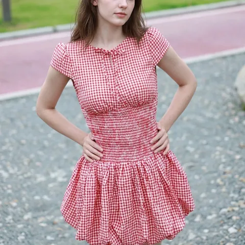 Women Western Gingham Smocked Mini Dress Tie Front Cut Out Short Sleeve Fit Flare A-Line Plaid Casual Polyester Dress