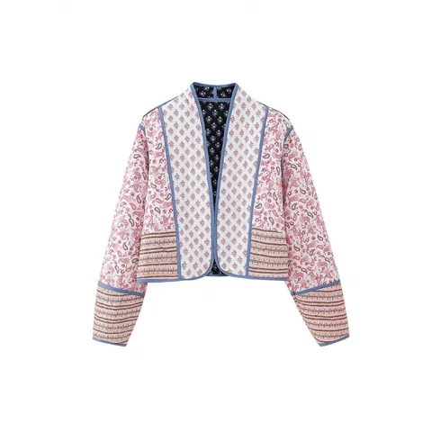 Women's Bohemian Reversible Quilted Floral Print Jacket Vintage V-Neck Short Padded Coat Slim Fit Open Front Outerwear Top