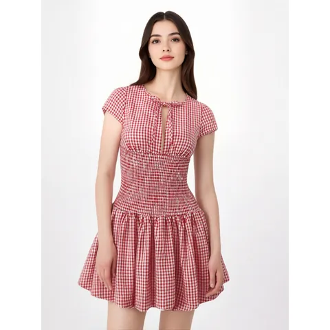 Women Western Gingham Smocked Mini Dress Tie Front Cut Out Short Sleeve Fit Flare A-Line Plaid Casual Polyester Dress