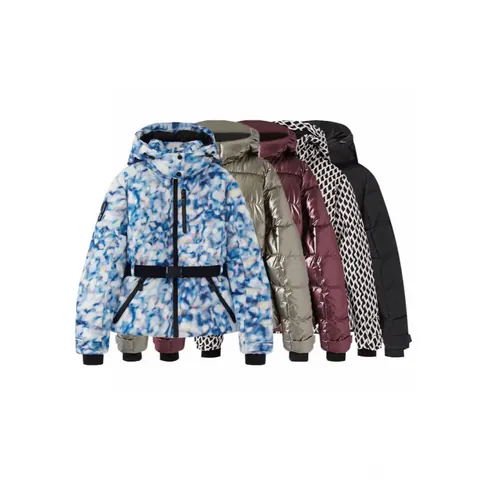 Women Waisted Hooded Ski Top Puffer Jacket Faux Down Cotton Coat Outdoor Sports Winter Geometric Print Warm Top