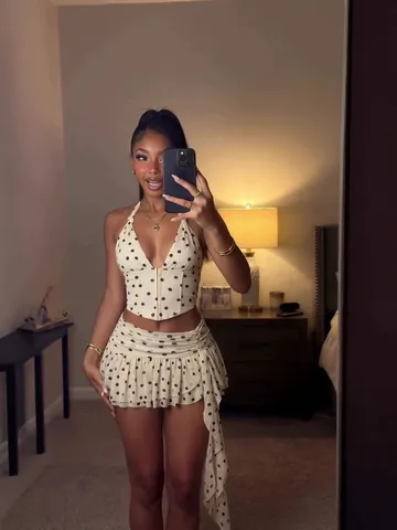 Ensemble Jupe en Chiffon à Pois Dos Nu Sexy Top et Mini Jupe à Volants Tenue de Plage Été Top And Bottom