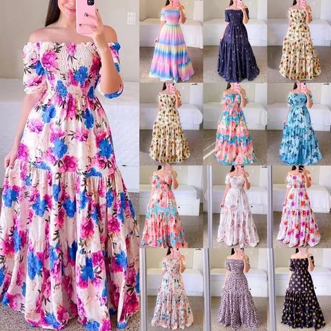 Women Off-Shoulder Smocked Maxi Dress Summer Floral Print Tiered Ruffle Beach Boho Long Dress Casual Holiday Party Dress