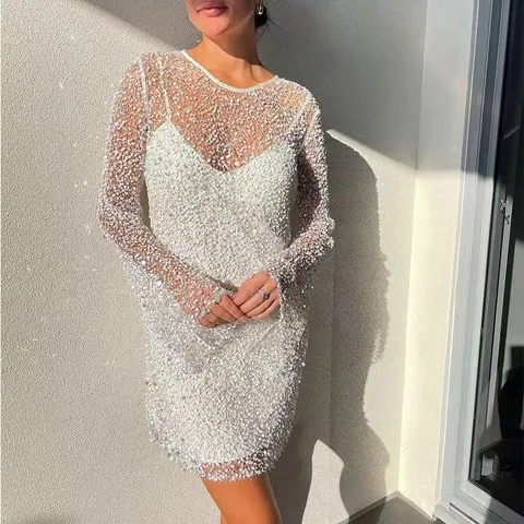 Vestito da Donna in Rete con Paillettes e Perline Due Pezzi Sexy Trasparente Mini Vestito da Festa Elegante Abito da Sera Aderente