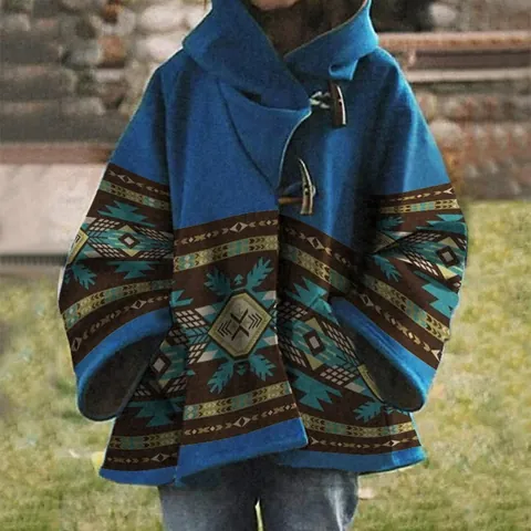 Manteau en Laine Ethnique Vintage pour Femmes Imprimé Bohème à Capuche Bouton Olive Coupe Large Chaud Hiver Polyester Cachemire