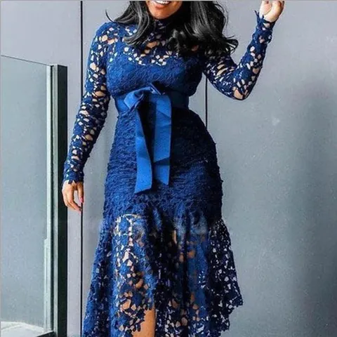 Robe Midi en Dentelle Polyester Évidée pour Femmes Manches Longues Col Montant Ourlet Irrégulier Taille Nouée Élégante Couleur Unie