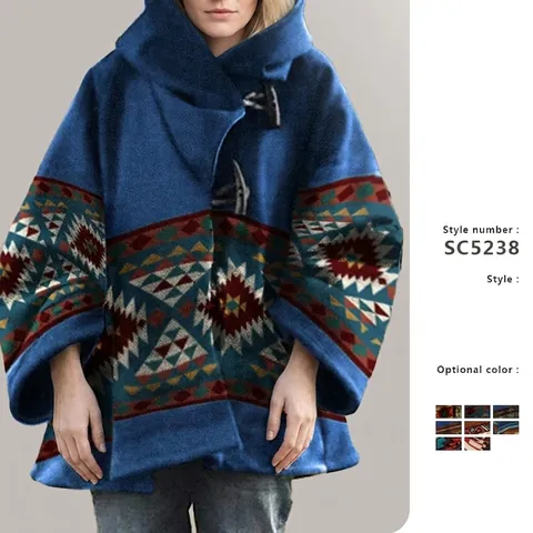 Manteau en Laine Ethnique Vintage pour Femmes Imprimé Bohème à Capuche Bouton Olive Coupe Large Chaud Hiver Polyester Cachemire