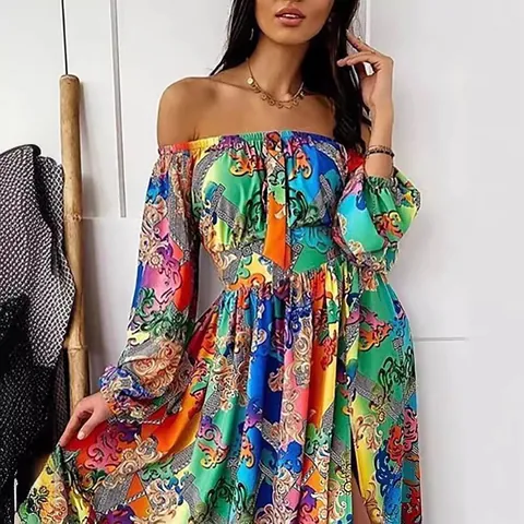 Women Baroque Print Off-Shoulder Maxi Dress Long Sleeve High Slit Elegant Retro Floral Evening Party Dress Vacation Boho Long Robe