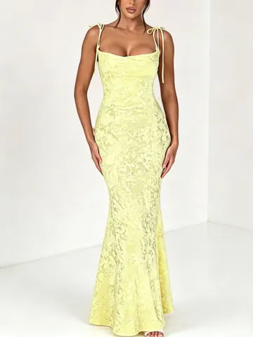 Women's Elegant Jacquard Bodycon Maxi Dress Tie Shoulder Strap Party Evening Gown Slim Fit Sleeveless Formal Prom Slip Dress