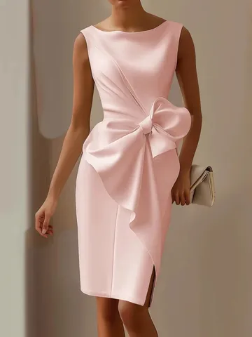 Women Elegant Satin Sleeveless Dress Bow Waist Slim Fit Midi Party Dress For Banquet Vacation Solid Color Slit Design Fashion Clothing