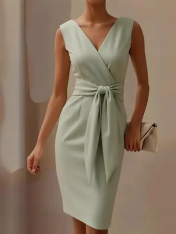 Women Elegant Satin Sleeveless Dress Bow Waist Slim Fit Midi Party Dress For Banquet Vacation Solid Color Slit Design Fashion Clothing
